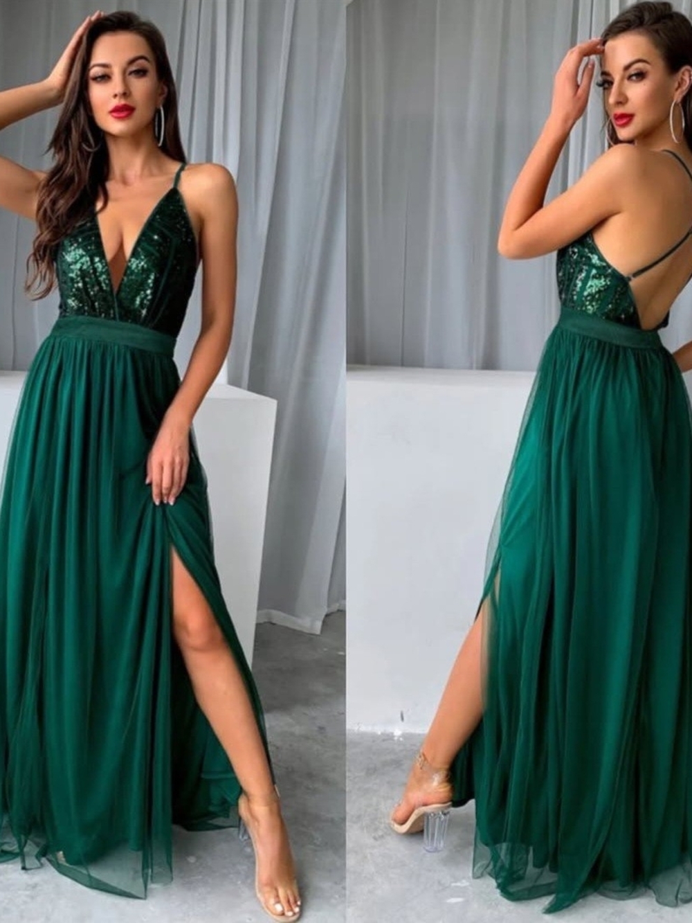 Emerald Green Sequin Bodice Chiffon Wedding Dress with Slit